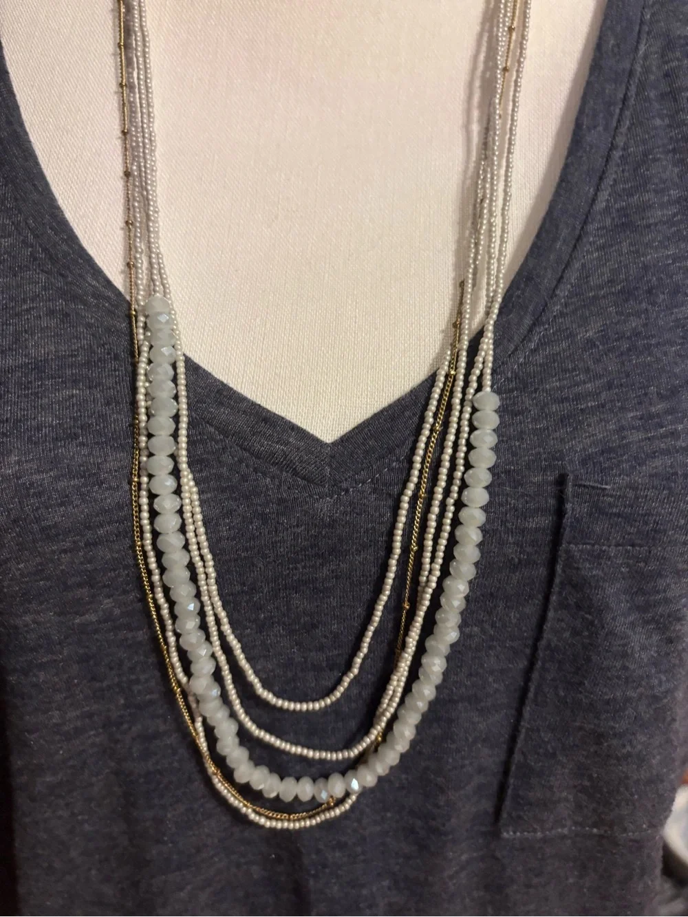Layered Beaded Multi-Strand Necklace in Light Blue/Gray